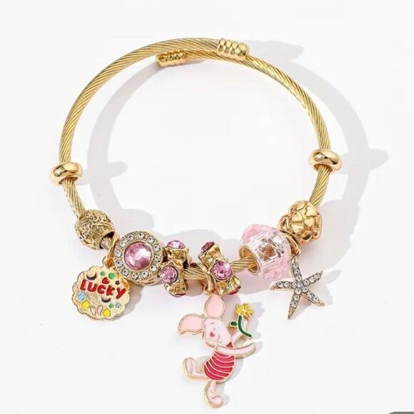 Winnie The Pooh Piglet Charm Pendant Gold Tone Bangle Bracelet - Picture 2 of 4